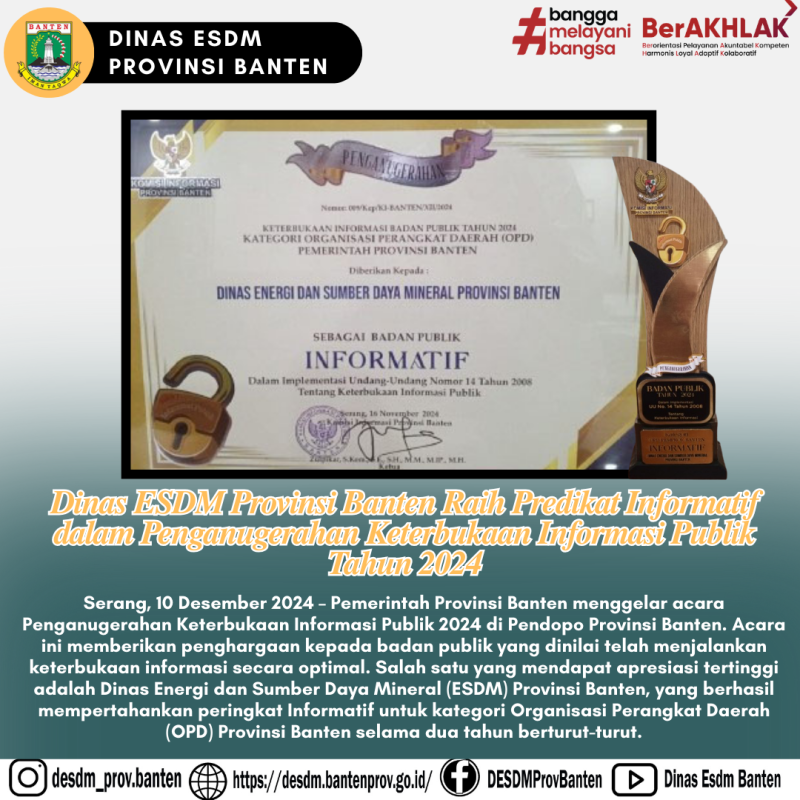 Dinas ESDM Provinsi Banten Raih Predikat Informatif dalam Penganugerahan Keterbukaan Informasi Publik Tahun 2024